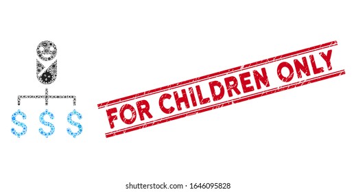 Icono de gastos de colage contagioso y rojo Sólo para niños sellar entre líneas paralelas dobles. El vector mosaico está diseñado con el icono de los gastos del niño y con iconos de microbios aleatorios.