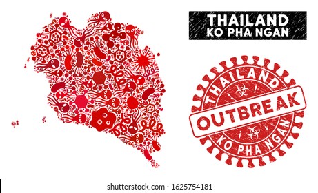 Contagious collage Ko Pha Ngan map and red grunge stamp seal with OUTBREAK badge. Ko Pha Ngan map collage formed with randomized bacteria elements. Red rounded OUTBREAK seal stamp with grunge texture.