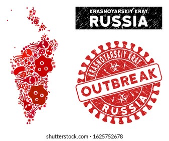 Contagious collage Krasnoyarskiy Kray map and red grunge stamp seal with OUTBREAK badge. Krasnoyarskiy Kray map collage created with randomized microbe cell elements.
