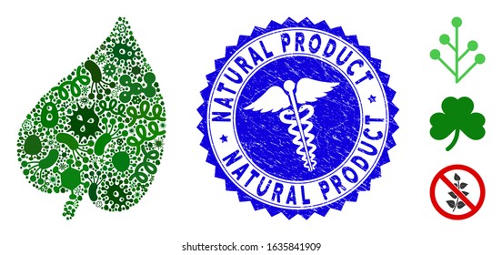 Contagious collage leaf icon and round corroded stamp seal with Natural Product text and medic icon. Mosaic vector is formed from leaf icon and with random microorganism icons.
