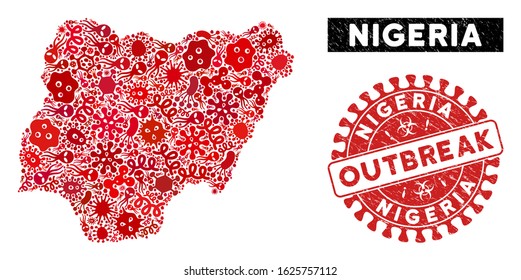Contagious collage Nigeria map and red grunge stamp watermark with OUTBREAK message. Nigeria map collage created with scattered infectious elements.