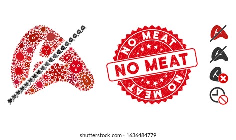 Contagious collage no meat icon and round rubber stamp seal with No Meat phrase. Mosaic vector is created with no meat icon and with scattered contagious symbols. No Meat seal uses red color,