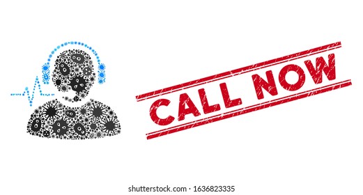 Contagious collage operator signal icon and red Call Now seal stamp between double parallel lines. Mosaic vector is created with operator signal pictogram and with random contagious elements.