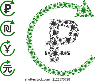 Contagious collage rouble repay icon, and similar icons. Rouble repay mosaic for pandemic templates. Vector collage is designed from random infection icons.