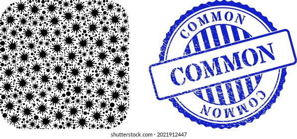 Contagious collage rounded square icon, and grunge COMMON seal. Rounded square collage for pandemic images, and grunge round blue seal. Vector mosaic is organized of scattered contagious parts.