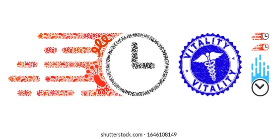 Icono contagioso de la velocidad de collage y sello redondo angustiado con frase de Vitalidad e icono de clínica. El vector mosaico se forma con pictograma de tiempo de velocidad y con iconos bacilos aleatorios.