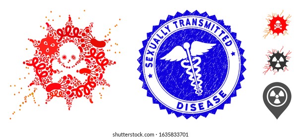 Contagious collage toxic power icon and rounded corroded stamp seal with Sexually Transmitted Disease phrase and medic icon. Mosaic vector is formed with toxic power icon and with random flu items.