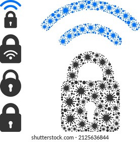 Contagious collage Wi-Fi lock icon, and similar icons. Wi-Fi lock collage for pandemic templates. Vector collage is made of random contagious elements.