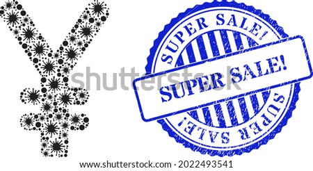 Contagious collage yen currency icon, and grunge SUPER SALE Exclamation seal stamp. Yen currency mosaic for breakout templates, and corroded round blue stamp seal.