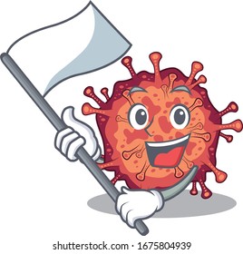 Contagious corona virus cartoon character design holding standing flag