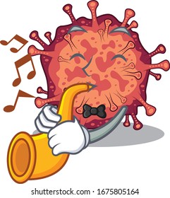 Contagious corona virus cartoon character design playing a trumpet