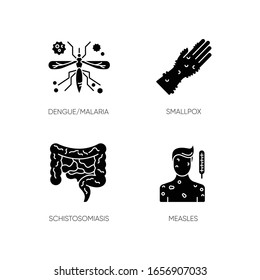 Contagious diseases black glyph icons set on white space. Malaria, smallpox, schistosomiasis and measles infections silhouette symbols. Various infectious illnesses vector isolated illustration