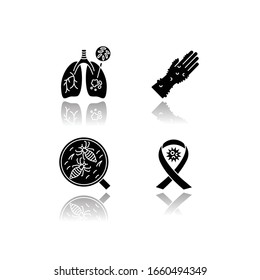 Contagious diseases drop shadow black glyph icons set. Tuberculosis, smallpox, HIV, AIDS and pediculosis. Healthcare and medicine. Infectious illnesses isolated vector illustrations on white space