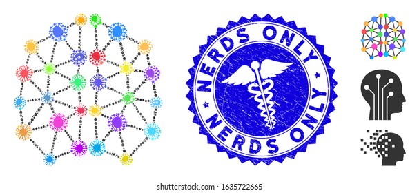 Contagious mosaic artificial brain icon and rounded grunge stamp watermark with Nerds Only phrase and medic icon.