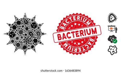 Contagious mosaic bacterium icon and round rubber stamp seal with Bacterium phrase. Mosaic vector is formed with bacterium icon and with scattered epidemic icons. Bacterium stamp seal uses red color,