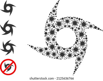 Contagious mosaic cyclone icon, and bonus icons. Cyclone mosaic for breakout templates. Vector mosaic is organized with randomized Covid icons.