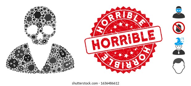 Contagious mosaic death man icon and round grunge stamp seal with Horrible caption. Mosaic vector is designed with death man pictogram and with randomized pathogen elements.