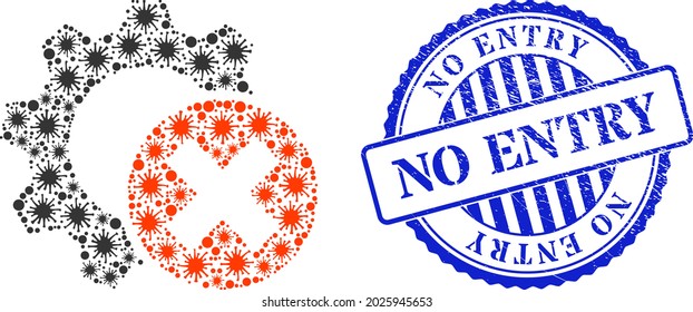 Contagious mosaic delete settings gear icon, and grunge NO ENTRY stamp. Delete settings gear mosaic for epidemic images, and dirty round blue stamp seal.