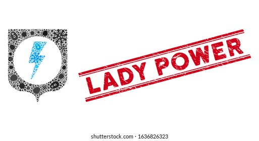 Contagious mosaic electric protection icon and red Lady Power rubber print between double parallel lines.
