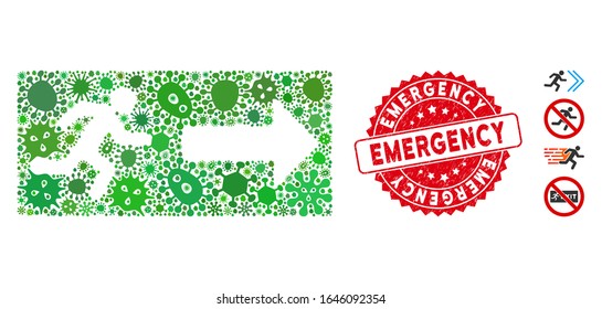 Icono de salida de emergencia de mosaico contagioso y sello redondo corroído con leyenda de emergencia. El vector mosaico se forma con un icono de salida de emergencia y con objetos de virus aleatorizados.