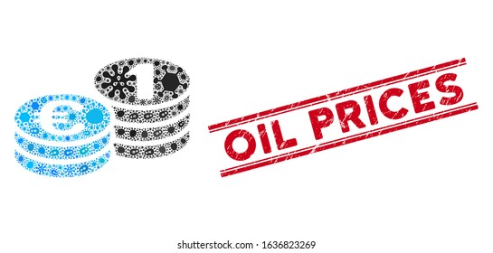 Contagious mosaic Euro coins icon and red Oil Prices rubber print between double parallel lines. Mosaic vector is composed with Euro coins icon and with random contagious items.