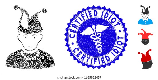 Contagious mosaic fool icon and rounded rubber stamp seal with Certified Idiot caption and healthcare icon. Mosaic vector is composed with fool pictogram and with randomized flu elements.