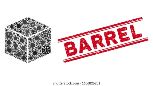 Contagious mosaic isometric cube icon and red Barrel stamp between double parallel lines. Mosaic vector is formed with isometric cube icon and with random microbe icons. Barrel stamp uses red color,