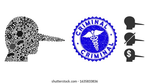 Contagious mosaic liar icon and rounded rubber stamp watermark with Criminal phrase and medical sign. Mosaic vector is composed with liar icon and with scattered contagious elements.