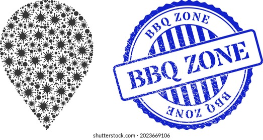 Contagious mosaic map marker icon, and grunge BBQ ZONE seal stamp. Map marker mosaic for isolation images, and scratched round blue seal imitation. Vector mosaic is done of random coronavirus parts.