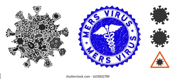 Contagious mosaic MERS virus icon and rounded grunge stamp seal with Mers Virus phrase and medic icon. Mosaic vector is created from MERS virus icon and with randomized bacterium icons.