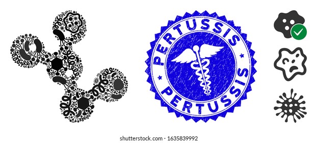Contagious mosaic microbes icon and round grunge stamp seal with Pertussis caption and healthcare sign. Mosaic vector is created with microbes icon and with random flu icons.