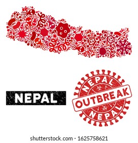 Contagious mosaic Nepal map and red grunge stamp seal with OUTBREAK message. Nepal map collage designed with scattered epidemic items. Red round OUTBREAK seal stamp with grunge texture.