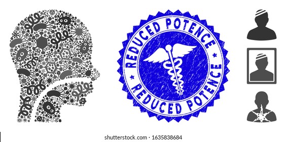 Contagious mosaic patient icon and rounded grunge stamp seal with Reduced Potence phrase and caduceus icon. Mosaic vector is composed with patient pictogram and with randomized contagious objects.