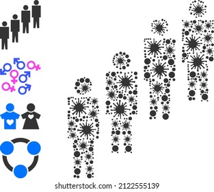 Icono de cola de personas contagiosas con mosaicos e iconos de bonificación. Gente haciendo cola para imágenes pandémicas. El collage de vectores se crea con íconos virales dispersos.
