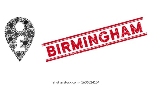 Contagious mosaic pound map marker icon and red Birmingham seal between double parallel lines. Mosaic vector is created from pound map marker icon and with randomized bacteria elements.