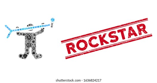 Contagious mosaic rock concert icon and red Rockstar seal stamp between double parallel lines. Mosaic vector is composed with rock concert icon and with random microorganism symbols.