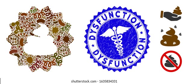 Contagious mosaic shit token icon and rounded rubber stamp seal with Dysfunction text and doctor symbol. Mosaic vector is composed with shit token icon and with randomized microbe cell elements.
