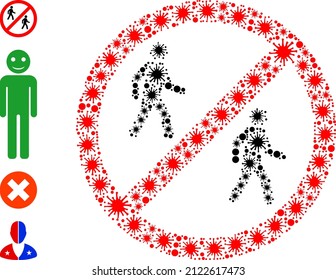 Contagious mosaic stop pedestrian men icon, and additional icons. Stop pedestrian men mosaic for breakout images. Vector mosaic is made with randomized coronavirus icons.