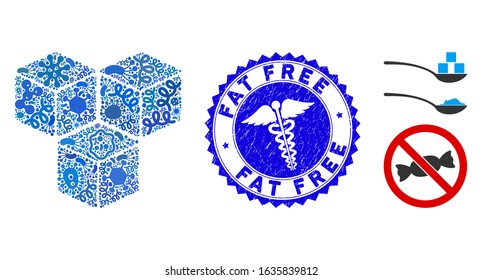 Contagious mosaic sugar cubes icon and round corroded stamp seal with Fat Free text and health care symbol. Mosaic vector is composed with sugar cubes icon and with randomized bacteria symbols.