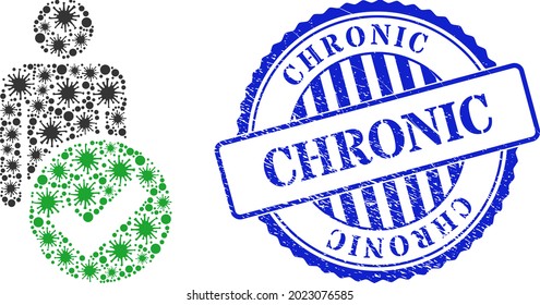 Contagious mosaic valid man figure icon, and grunge CHRONIC seal stamp. Valid man figure mosaic for pandemic templates, and textured round blue seal. Vector mosaic is constructed of random cell icons.