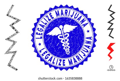 Contagious mosaic zigzag line icon and round corroded stamp seal with Legalize Marijuana phrase and doctor icon.