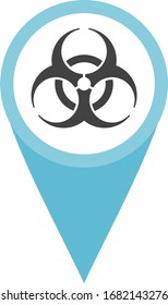 Contagious sign. Biohazard warning. Viral caution. Contaminated. Map element. Pinpoint special locations. Show directions. Icon with pointed end. Tourism industry places. Navigation app.
