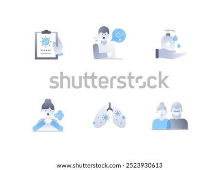 Contagious virus - flat design style icons set. High quality colorful images of anamnesis, disease symptoms, infection, patient, sanitary treatment, cough, affected lungs, risk group, aged people