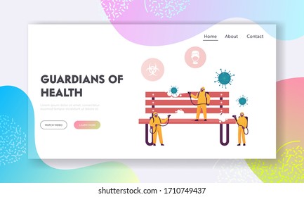 Contagious Virus Infection Spreading Prevention Landing Page Template. .Tiny Characters in Protective Suit Spraying Antibacterial Disinfectant on Huge Bench in Park. Cartoon People Vector Illustration