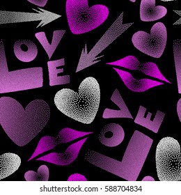 Contain multicolored hearts, cupid's arrow, lipstick kisses and love word. Valentine's day art. Seamless pattern abstract love elements in magenta, white and violet colors.