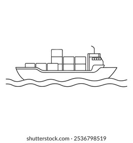 Ilustración vectorial plana aislada del arte de la línea continua del transporte de la barcaza del envase en el fondo blanco