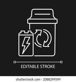 Container for battery disposal white linear icon for dark theme. Electronic waste recycling. Thin line customizable illustration. Isolated vector contour symbol for night mode. Editable stroke
