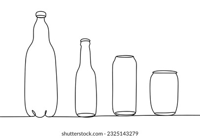 Container for beer. Plastic bottle, glass bottle and cans of various sizes. International Beer Day. One line drawing for different uses. Vector illustration.