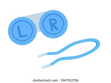 Container blue for contact lenses. Tweezers. Vector illustration set for the care of contact lenses in cartoon style. Isolated on a white background.
