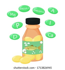 Container, bottle with pills of fish oil, fatty acids and vitamins that contains isolated on white background stock vector illustration. Healthcare, nutritional essentials concept.